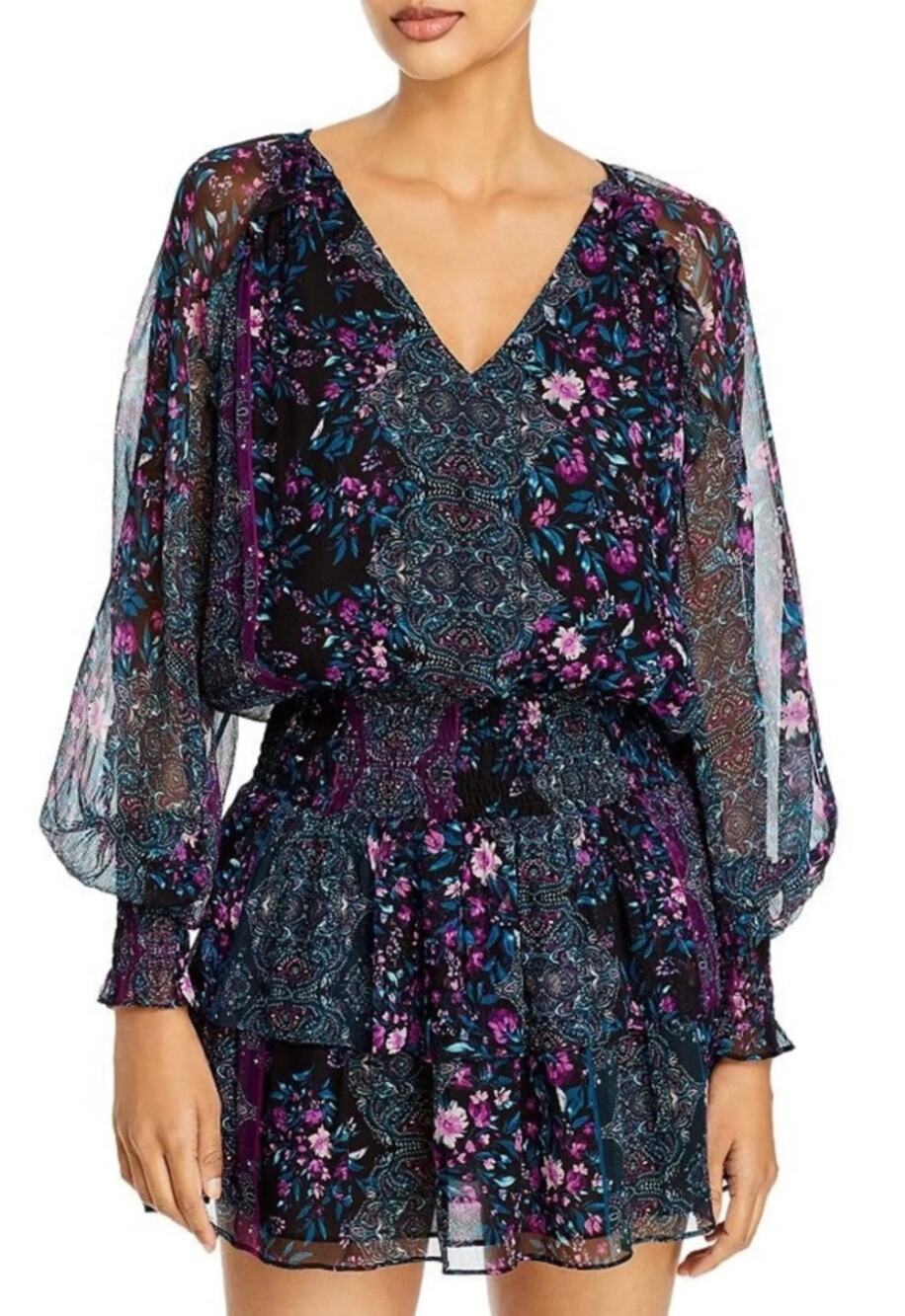 Ramy Brook Mini Dress Logan V-neck Silk Purple Floral size Large